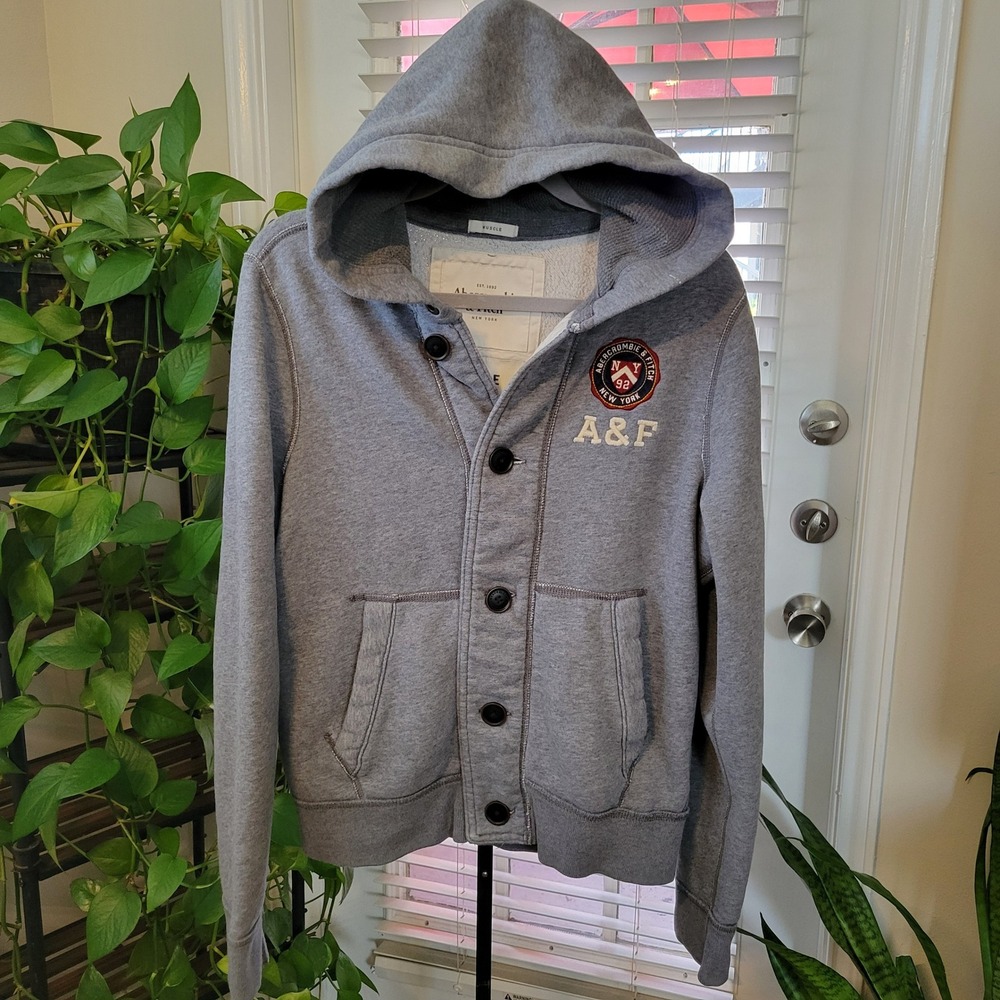 Abercrombie & Fitch Mens Muscle Fit Button Front Hoodie Gray Crest Logo Large